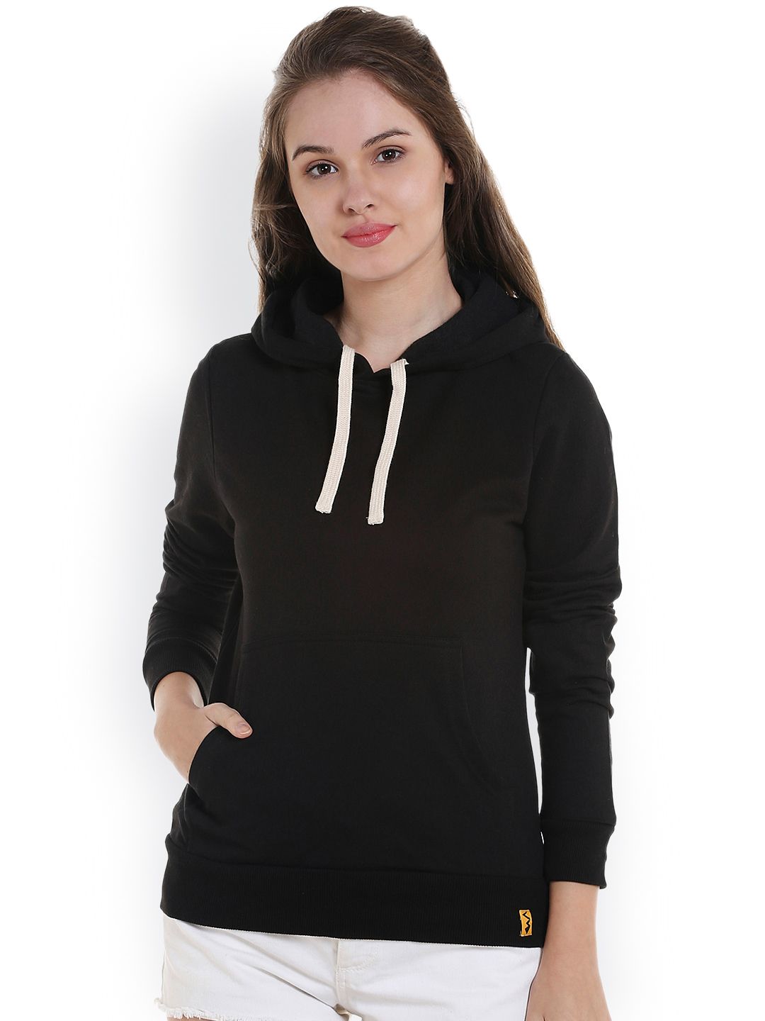 Campus Sutra Women Black Solid Hooded Sweatshirt Price in India