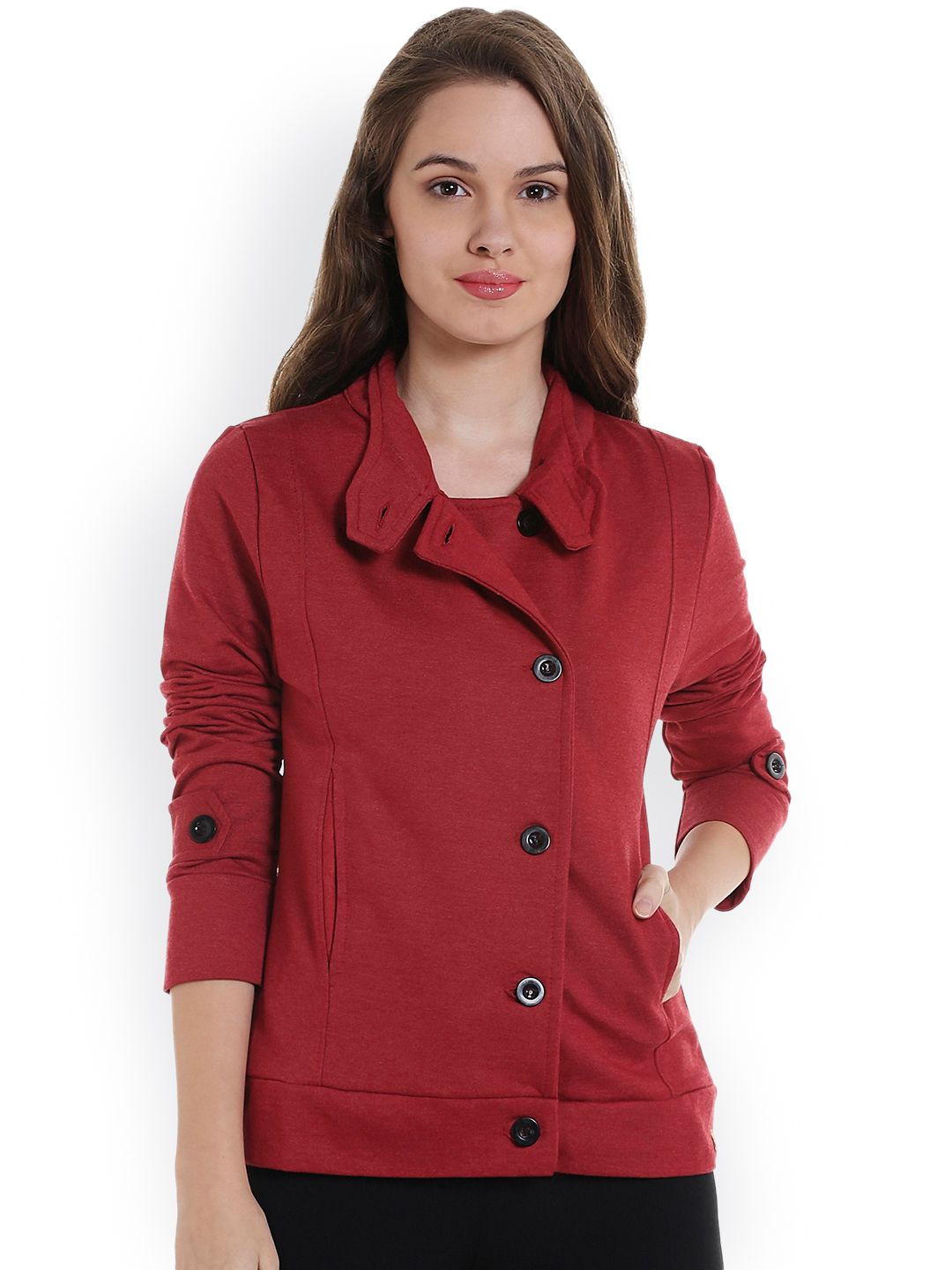 Campus Sutra Women Maroon Solid Sporty Jacket Price in India