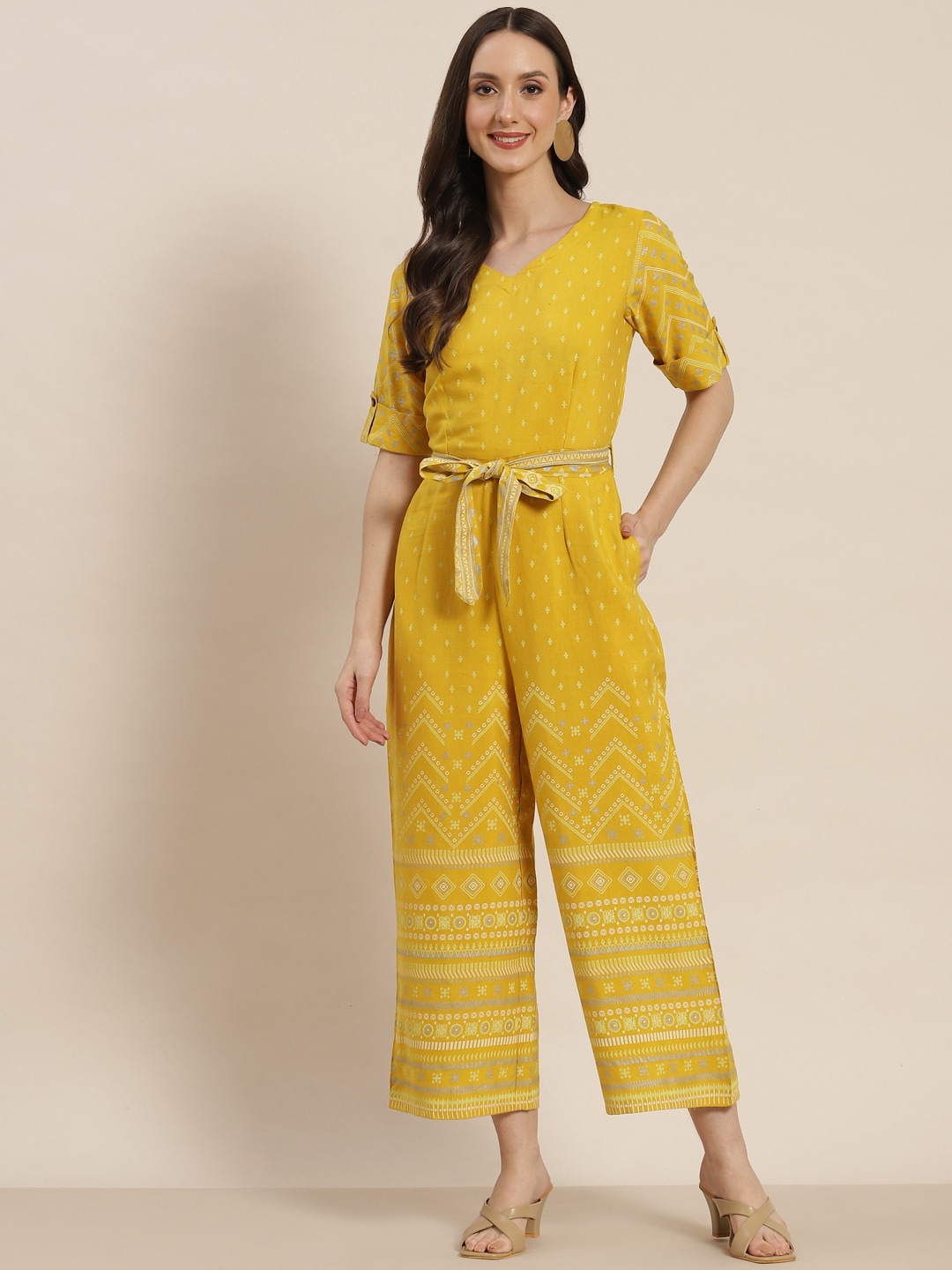 Juniper Mustard Yellow Ethnic Motifs Printed Basic Jumpsuit Price in India