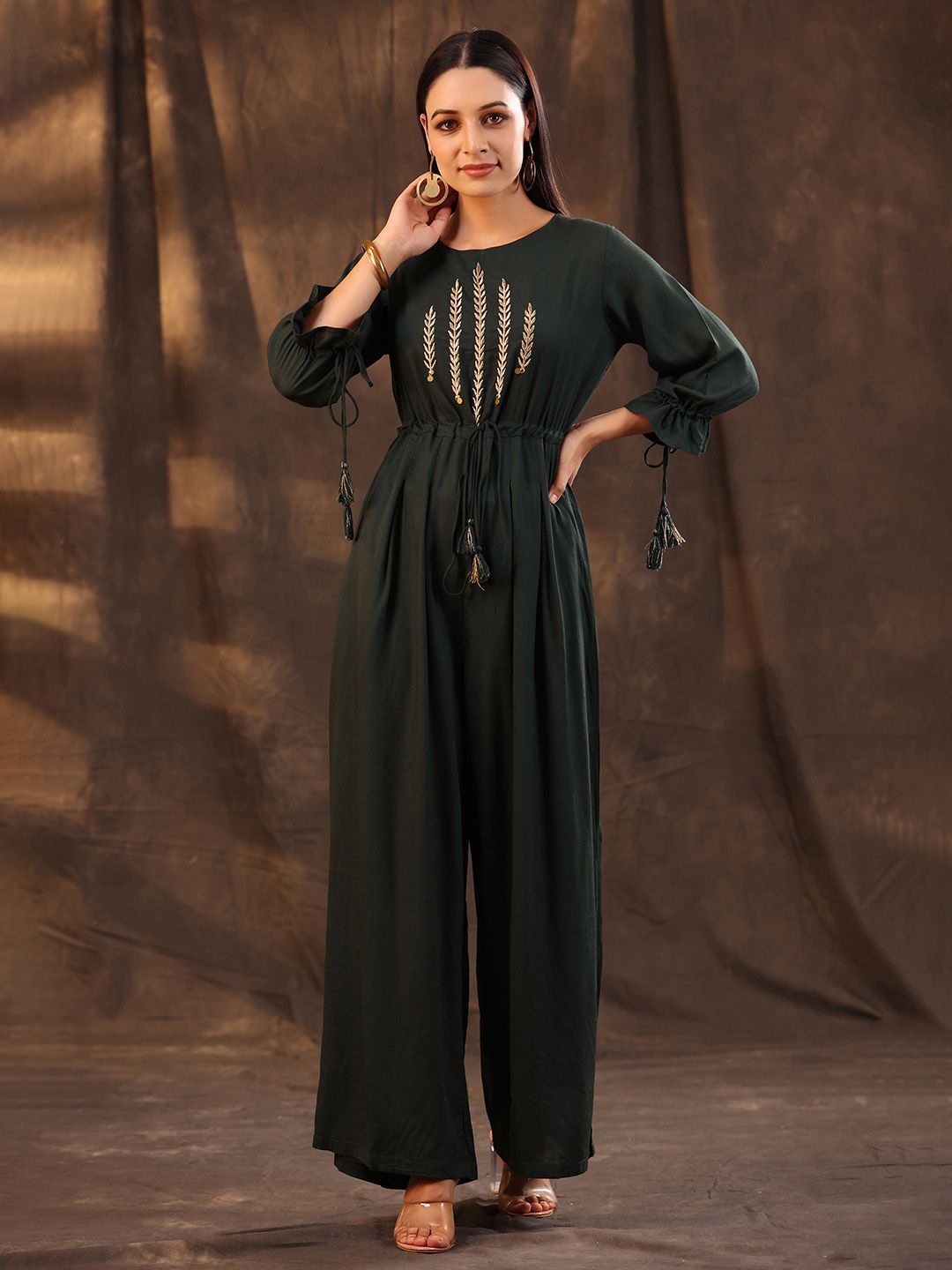 Juniper Green Basic Jumpsuit with Embroidered Detail Price in India