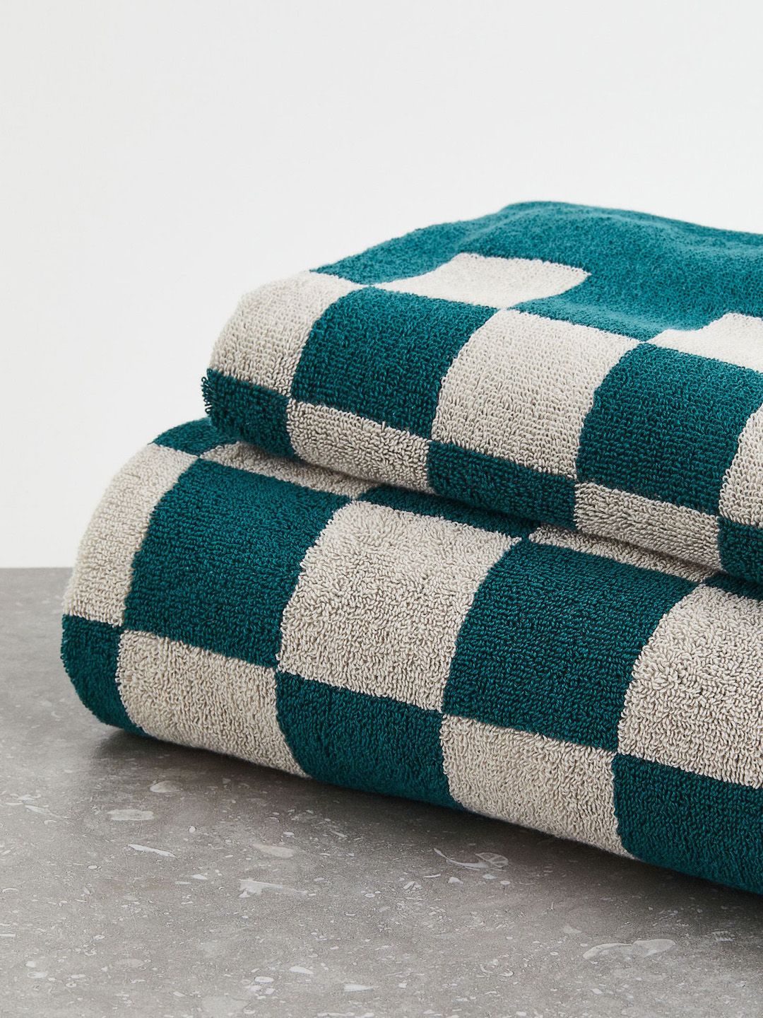 H&M Beige & Teal Green Checked Cotton Bath Towel Price in India