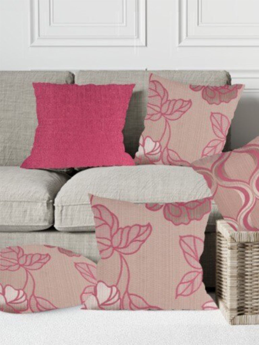 Just Home Pink & Beige Set of 5 Floral Square Cushion Covers Price in India