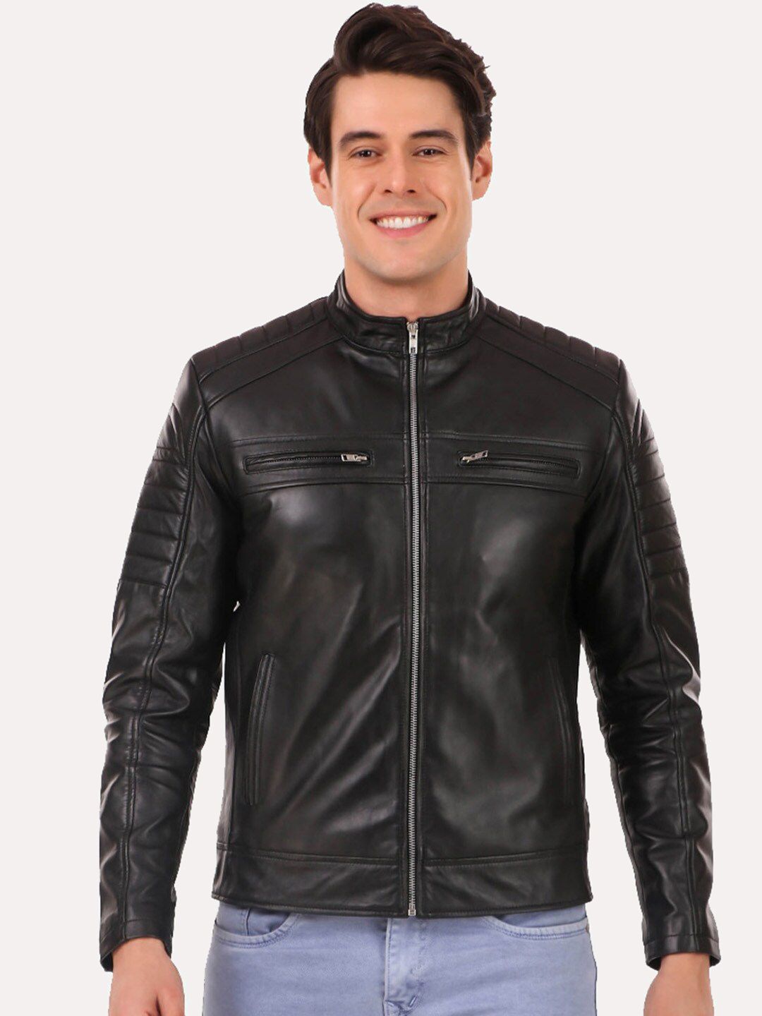 Leather Retail Men Black Leather Regular Outdoor Biker Jacket