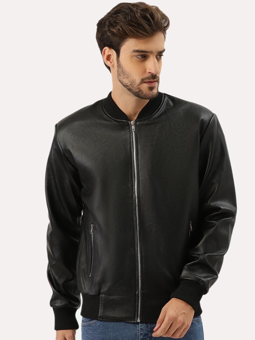 Leather Retail Men Black Bomber Jacket