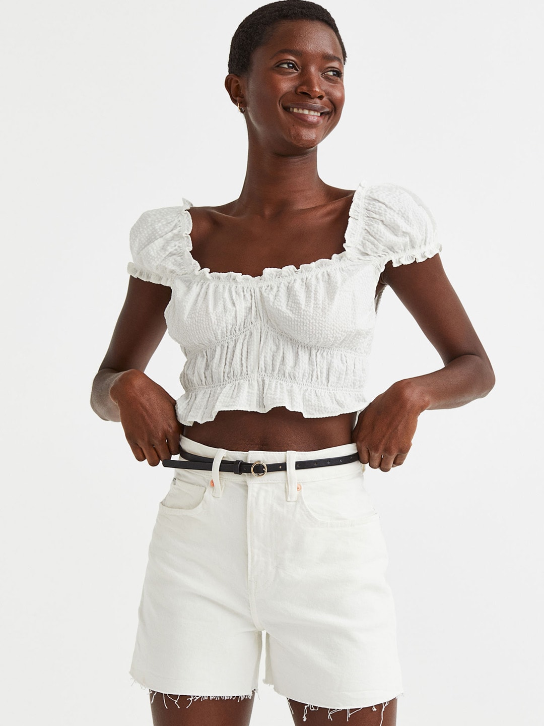 H&M Women White Solid High Waist Denim Shorts Price in India