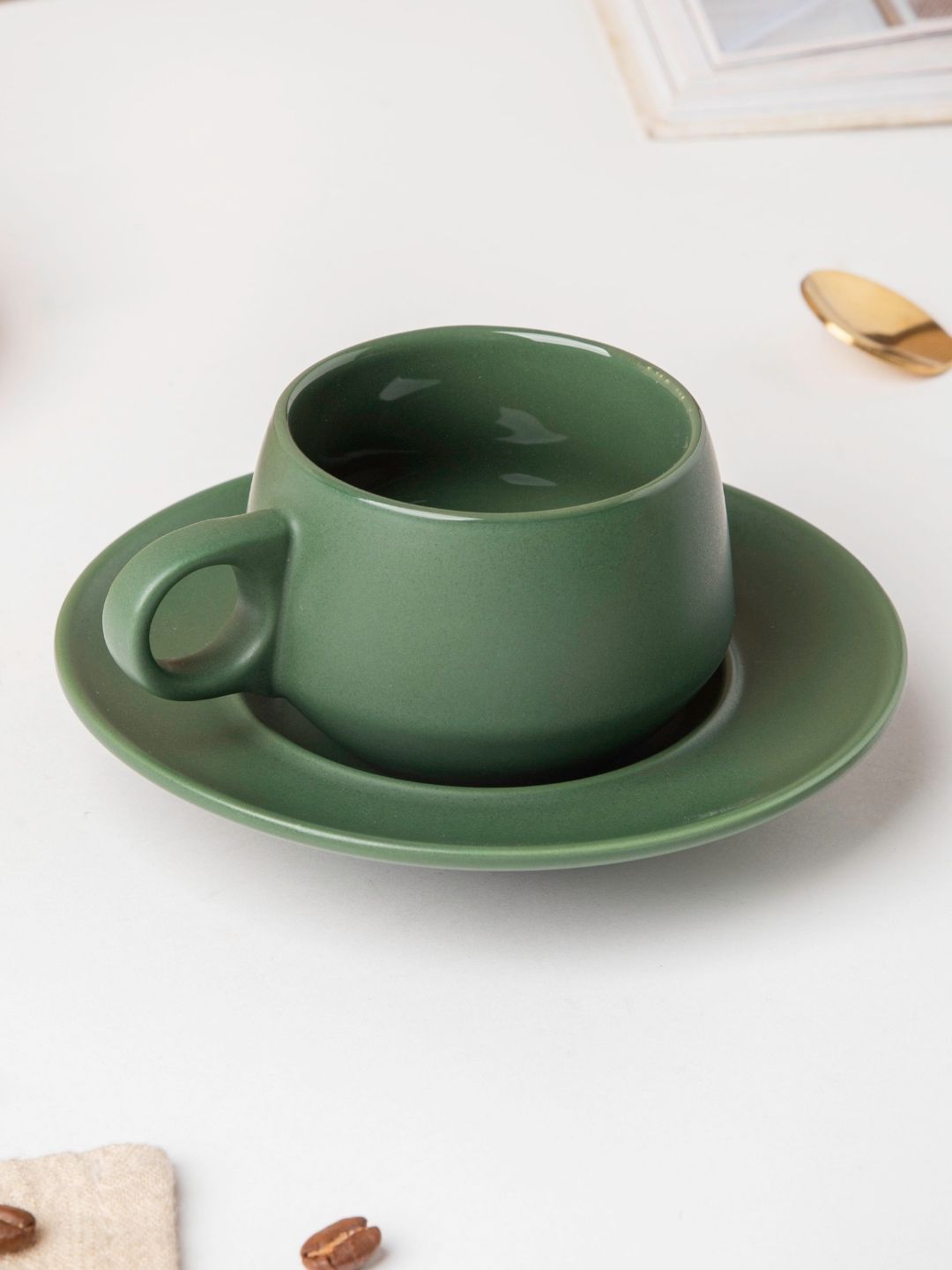 Nestasia Set Of 2 Olive Green Solid Ceramic Glossy Cup and Saucer Price in India