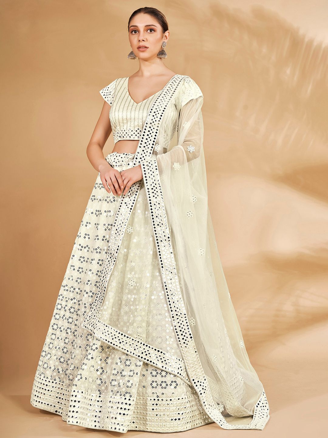 DRESSTIVE White Embroidered Sequinned Semi-Stitched Lehenga & Unstitched Blouse With Dupatta Price in India