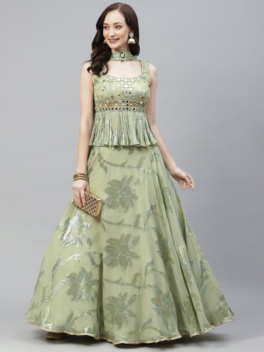 DRESSTIVE Green & Gold-Toned Embellished Mirror Work Semi-Stitched Lehenga & Unstitched Blouse With Dupatta Price in India