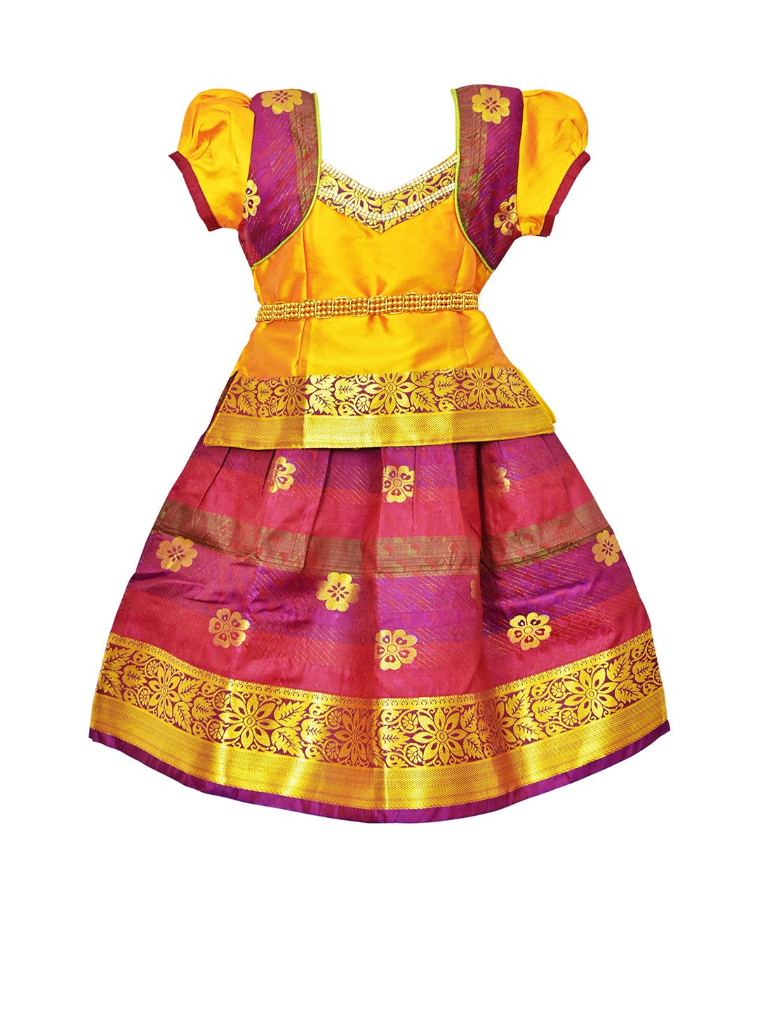 AMIRTHA FASHION Girls Gold-Toned & Red Uppada Silk Ready to Wear Lehenga Choli Price in India