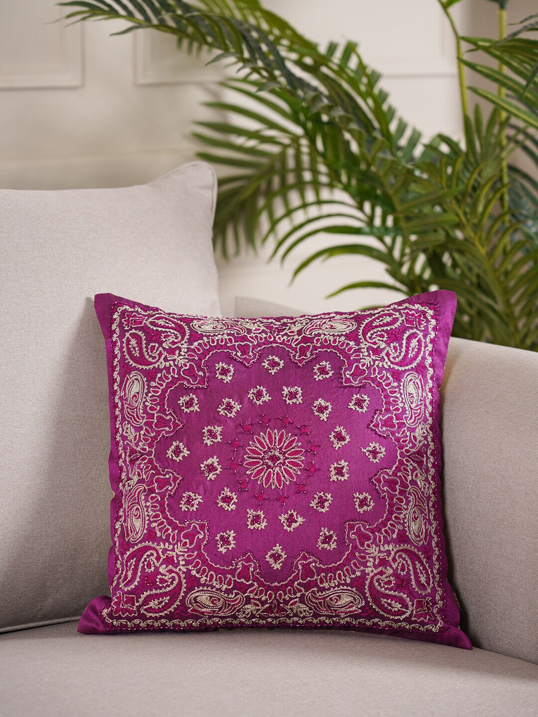 Pure Home and Living Purple & White Embroidered Square Cushion Covers Price in India