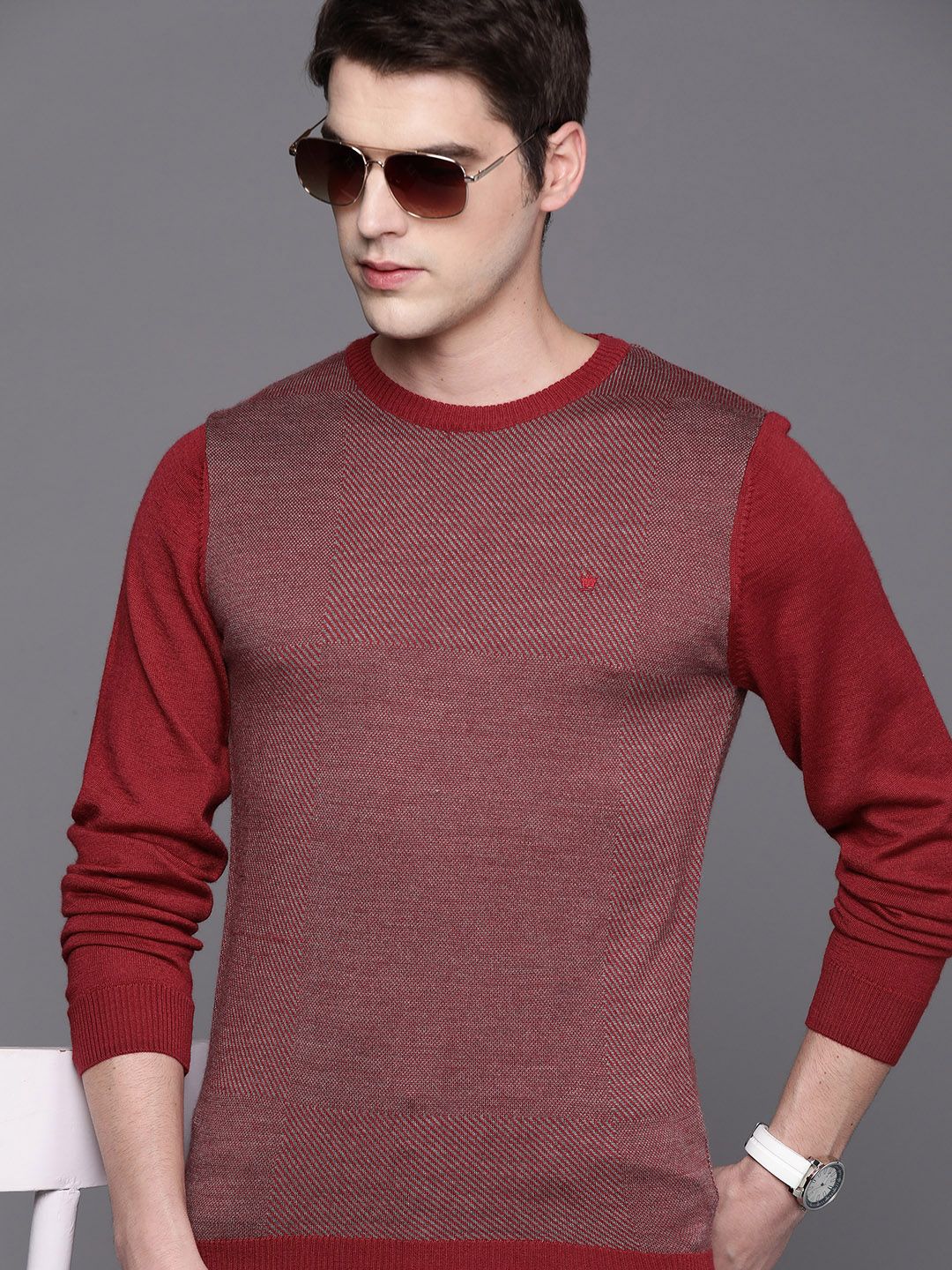 Louis Philippe Men Red & Grey Striped Striped Pullover Sweater
