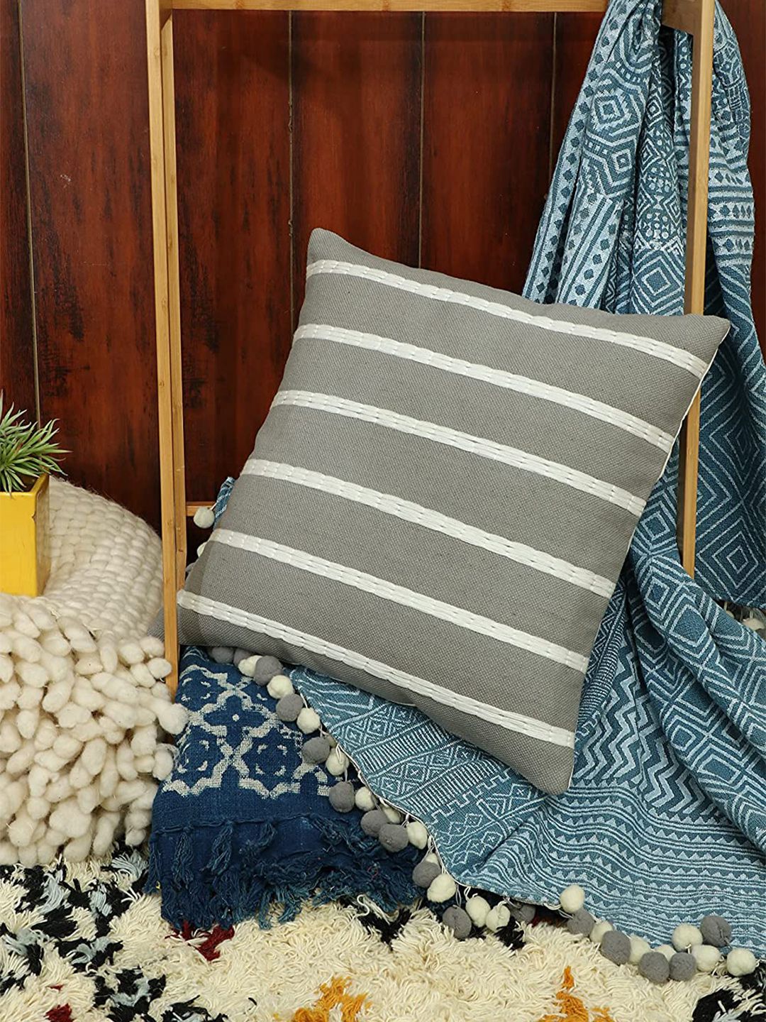 HERE&NOW Grey & White Striped Square Cushion Cover Price in India
