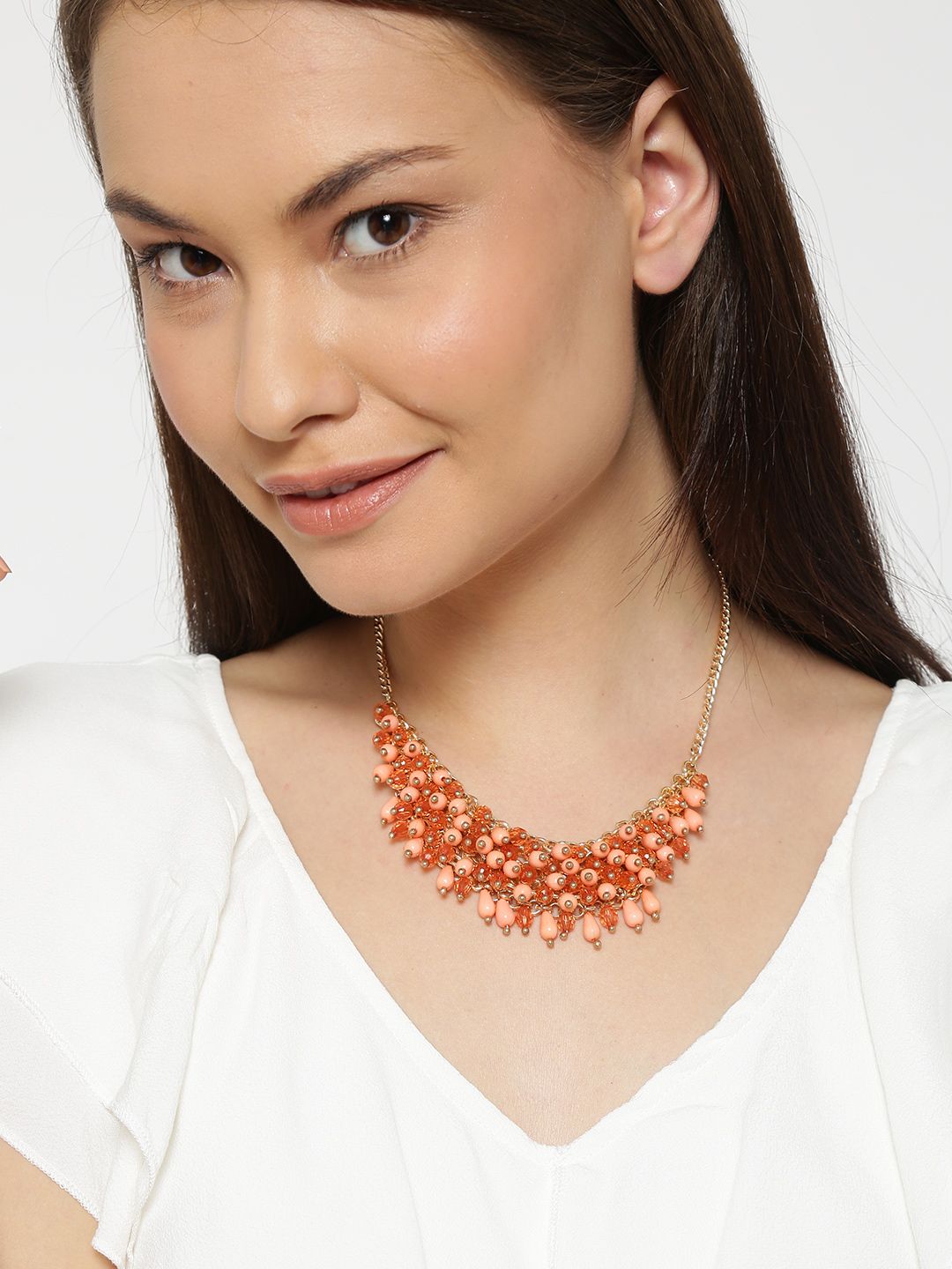 Blueberry Peach-Coloured & Gold-Toned Beaded Collar Necklace Price in India