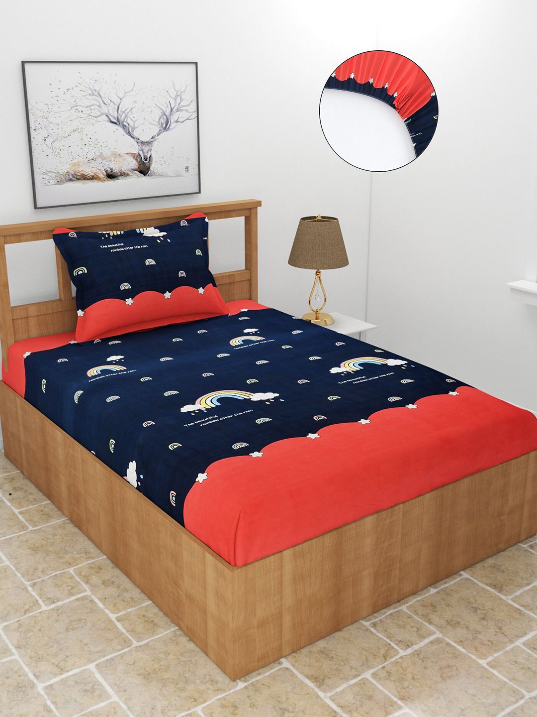 MORADO Blue & Red 210 TC Single Bedsheet with 1 Pillow Cover Price in India