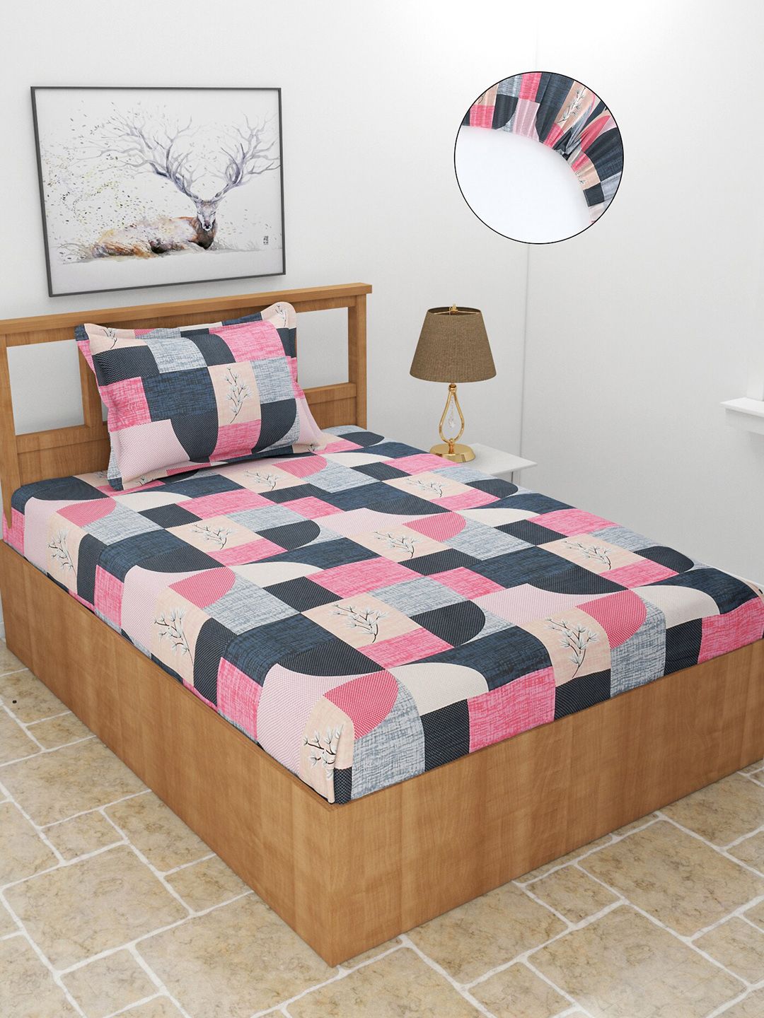 MORADO Pink & Grey Geometric 210 TC Cotton Single Bedsheet with 1 Pillow Covers Price in India
