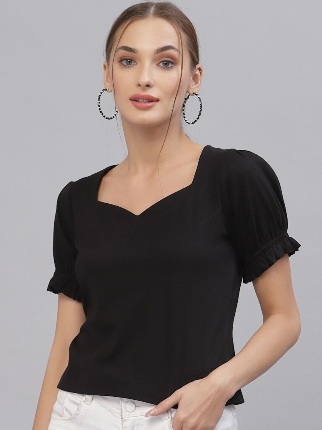 Style Quotient Women Black Solid Pure Cotton Sweetheart Neck Top Price in India