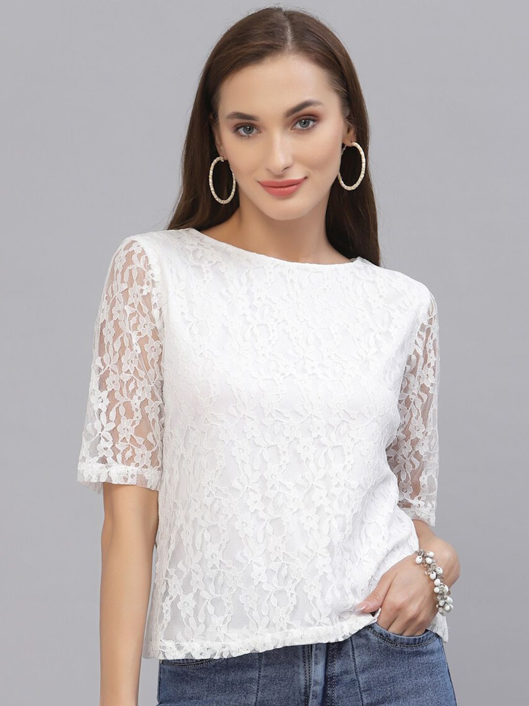 Style Quotient Women White Lace Insert Embroidered Floral Top Price in India