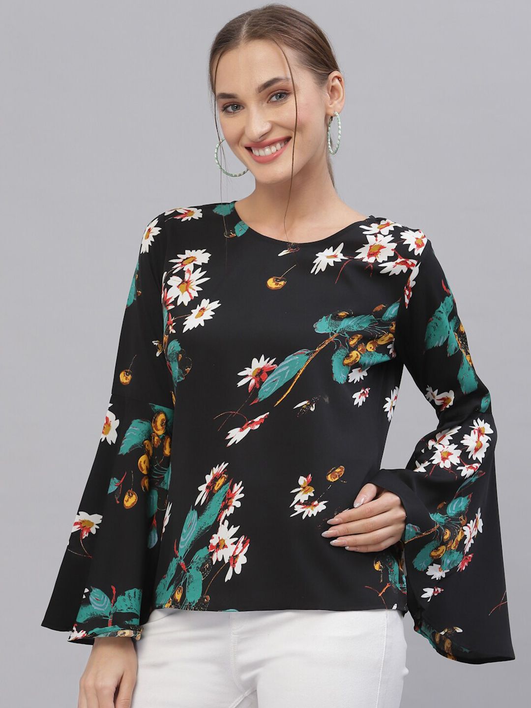 Style Quotient Women Black & Green Floral Printed Bell Sleeves Top Price in India