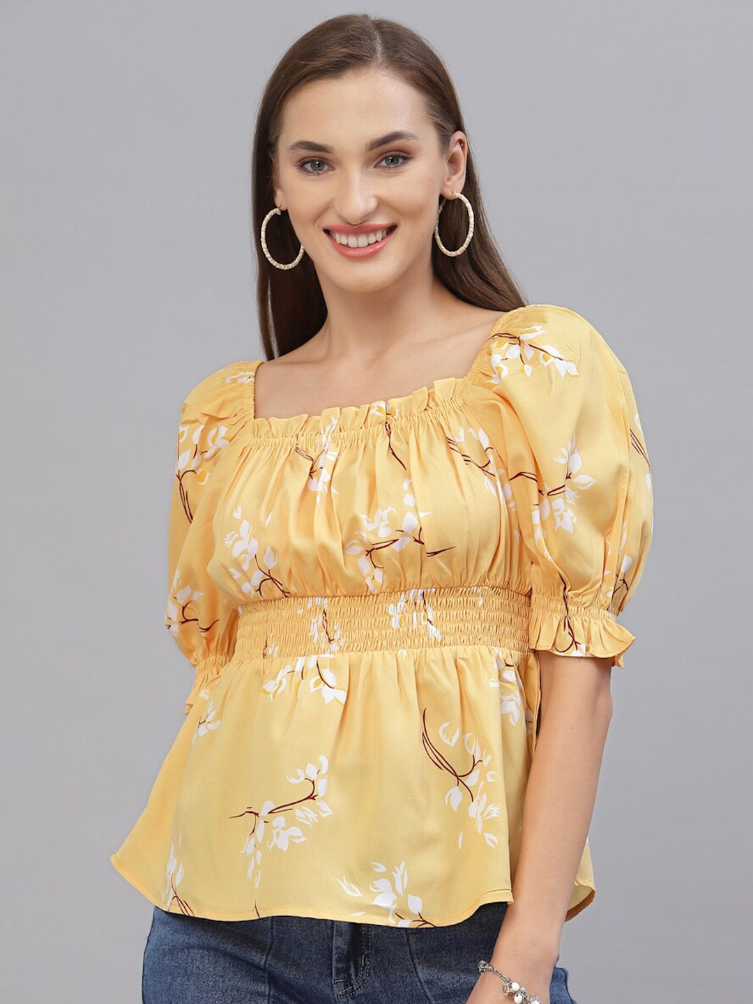 Style Quotient Women Yellow Floral Print Cinched Waist Top Price in India
