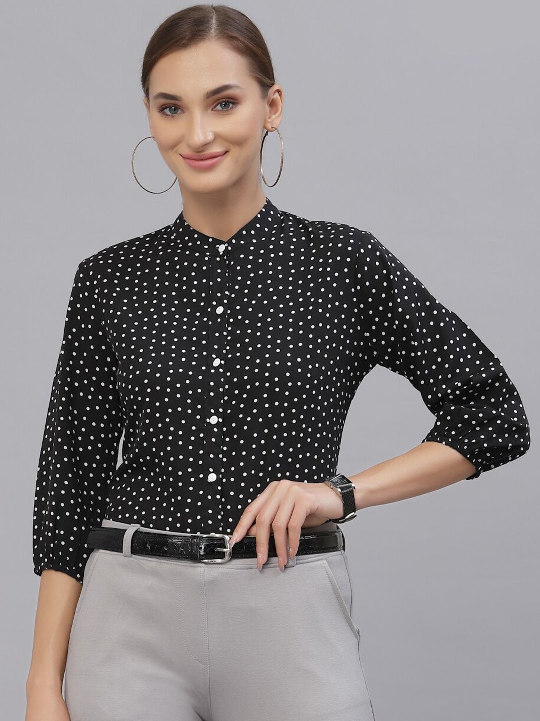 Style Quotient Black Polka Dot Print Mandarin Collar Shirt Style Top Price in India