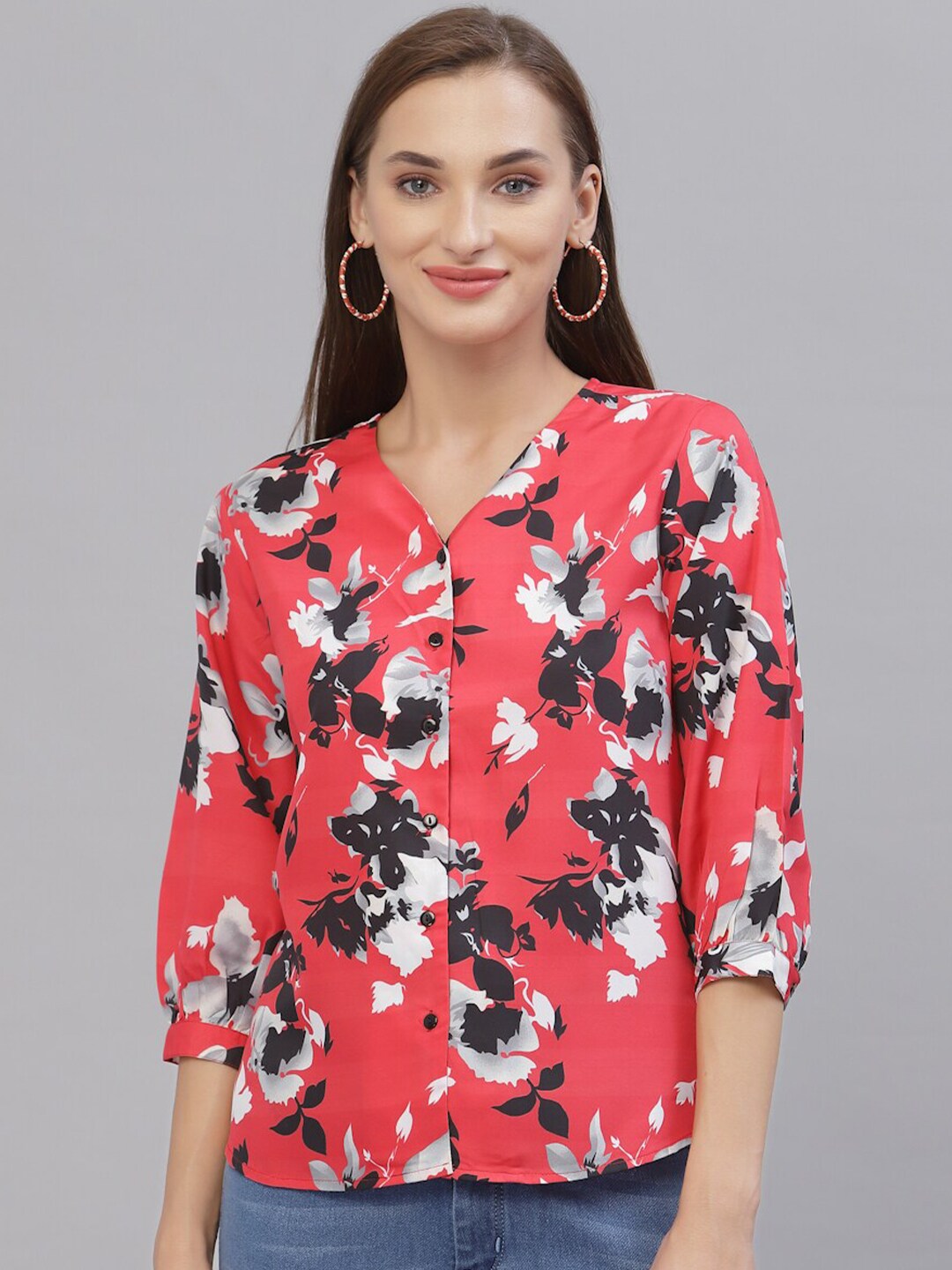 Style Quotient Women Coral & Black Floral Printed Top Price in India