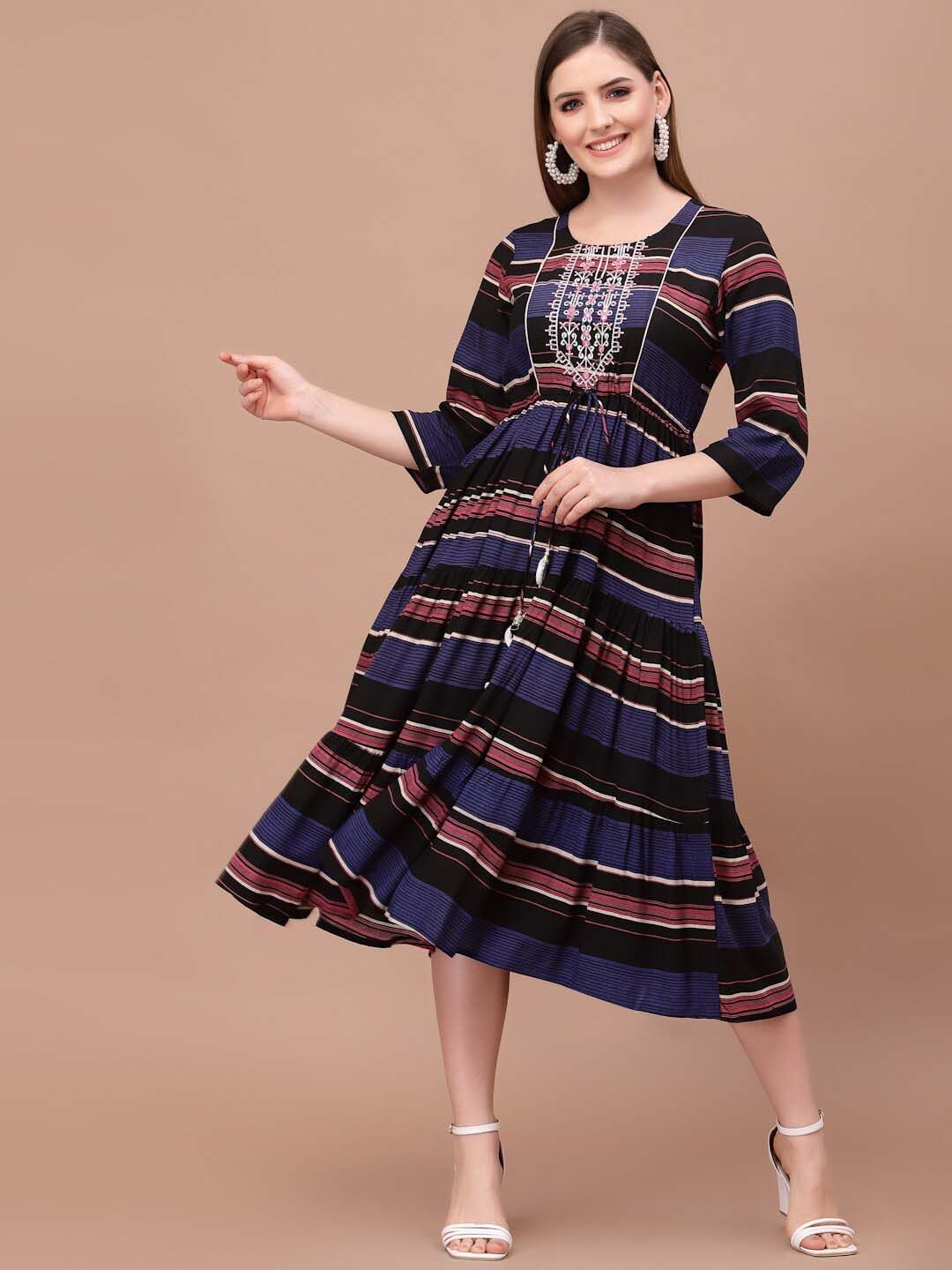 PRAKRTEE Women Black Printed A-Line Ethnic Dress Price in India