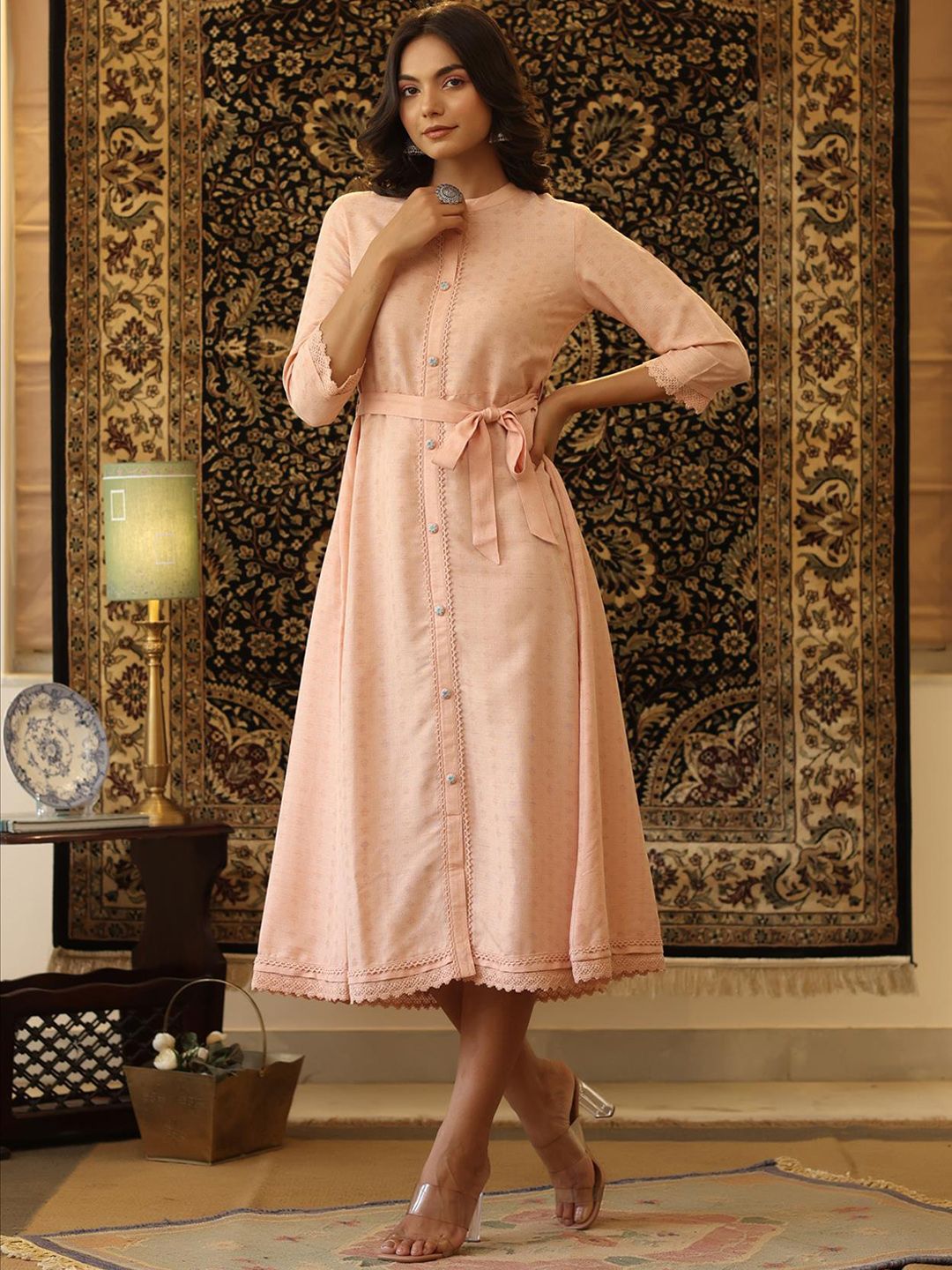 SCAKHI Women Peach Self Design A-Line Midi Ethnic Dress Price in India