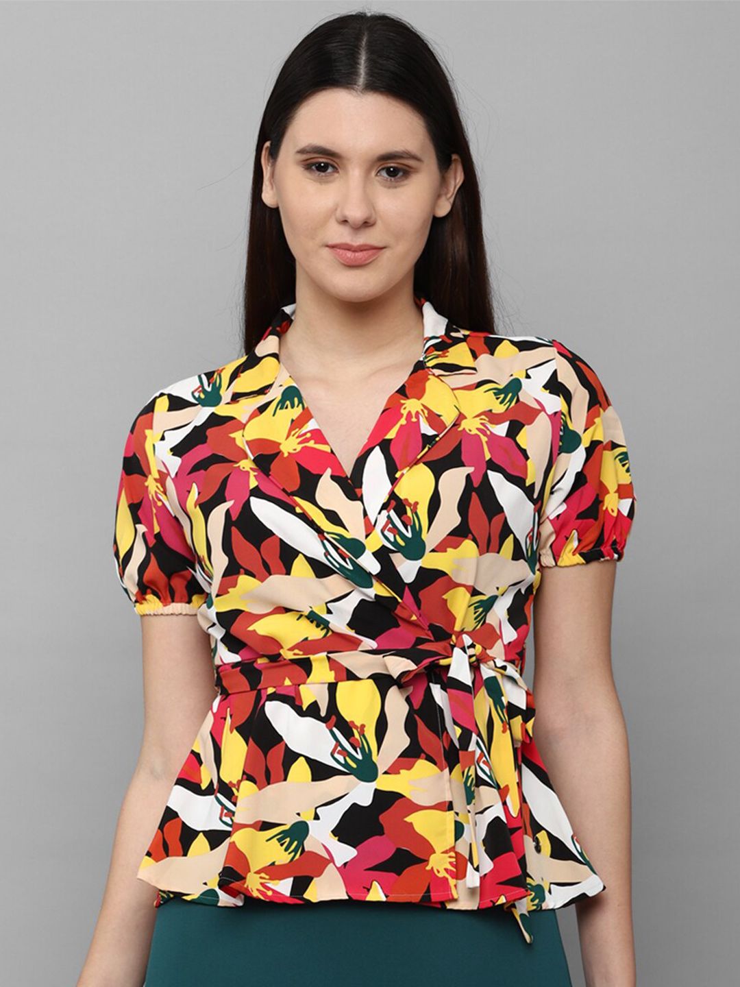 Allen Solly Woman Women Yellow & Red Floral Printed Wrap Top Price in India