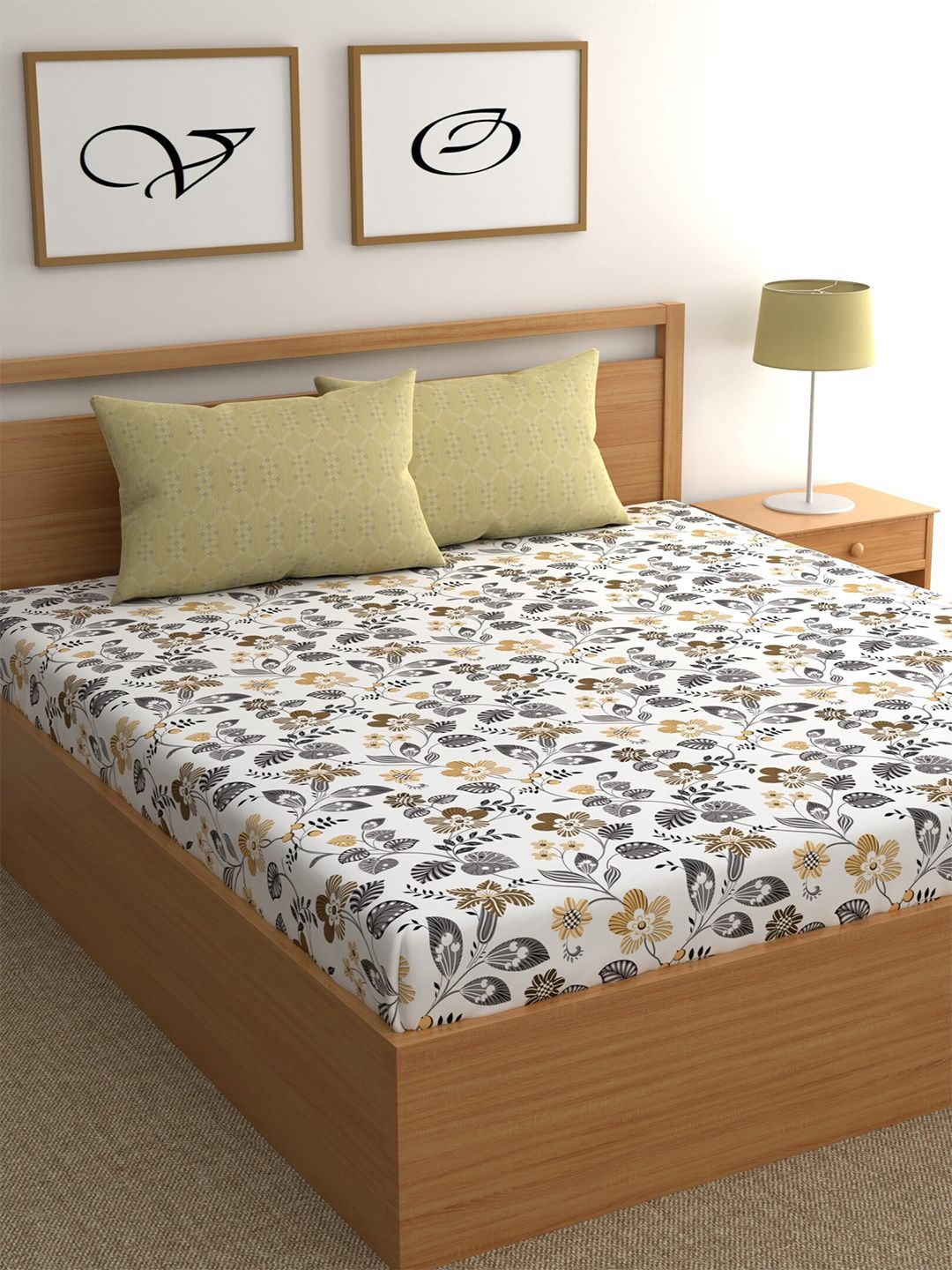CHHAVI INDIA White & Brown Floral 210 TC Queen Bedsheet with 2 Pillow Covers Price in India