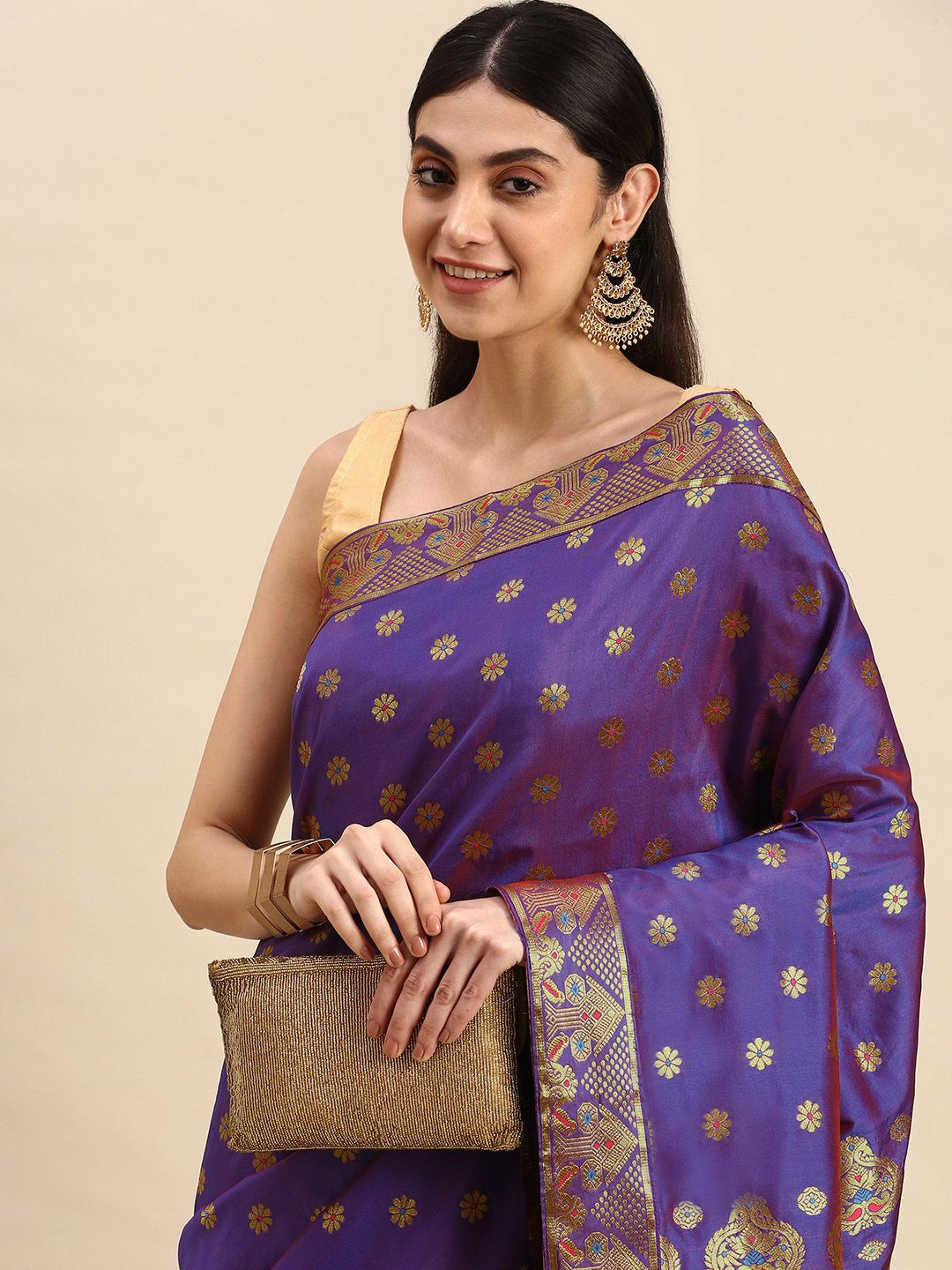 Apaapi Threads of glory Purple & Golden Ethnic Motifs Zari Silk Blend Saree Price in India