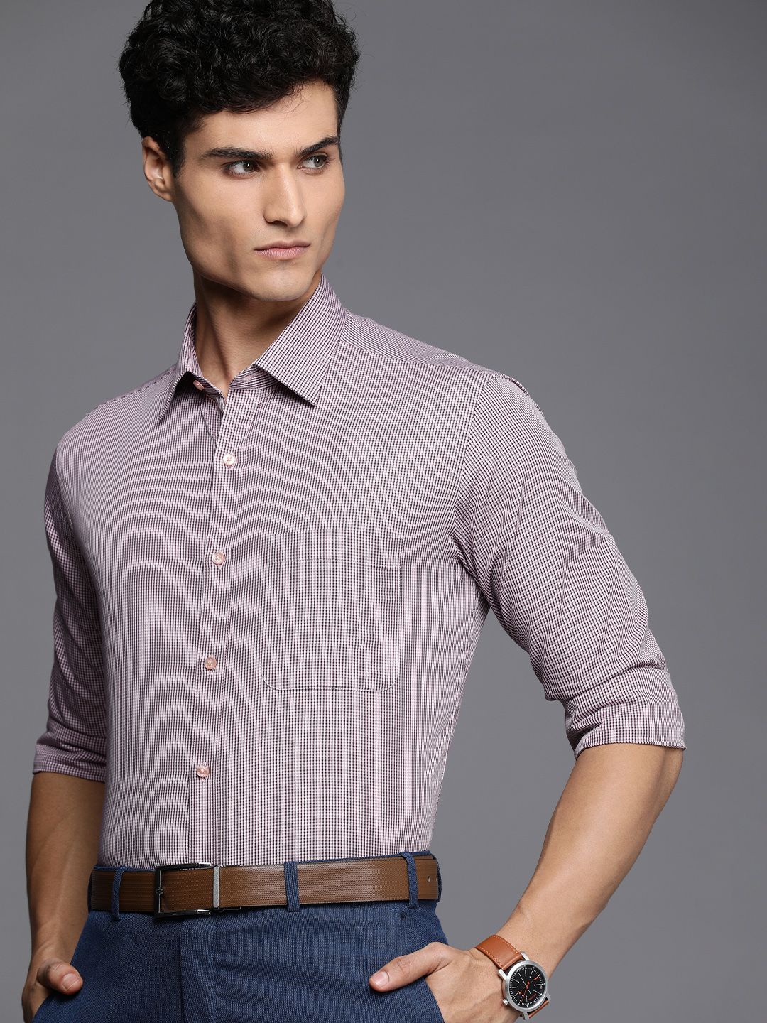 Raymond Men Red And Brown Slim Fit Micro Checked Pure Cotton Formal Shirt