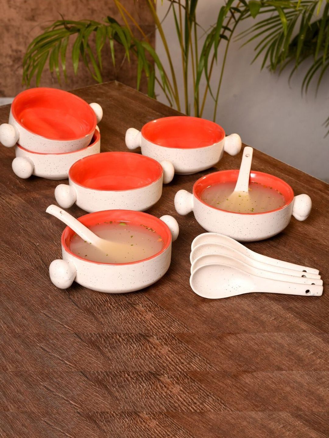Unravel India White & Red 6 Pieces Handcrafted and Hand Painted Ceramic Matte Bowls Price in India
