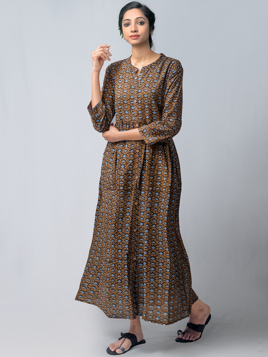 Unnati Silks Women Brown Ethnic Motifs Printed Pure Ikat Cotton A-Line Ethnic Dress Price in India