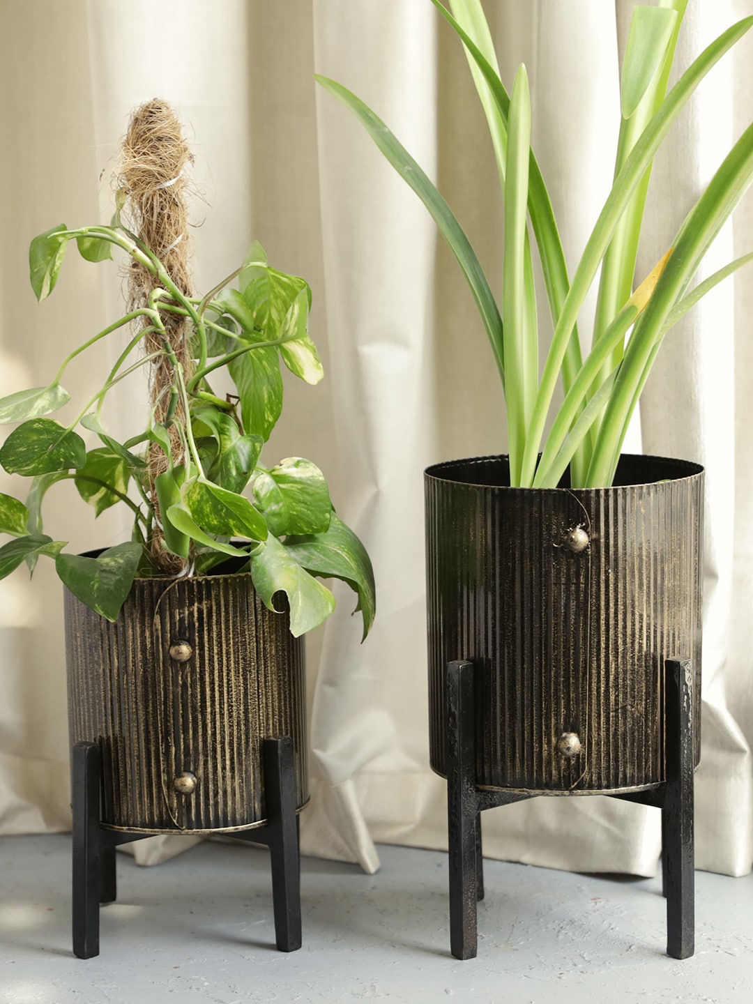 AWAAS DECOR Set Of 2 Black Textured Metal Planters With Stand Price in India