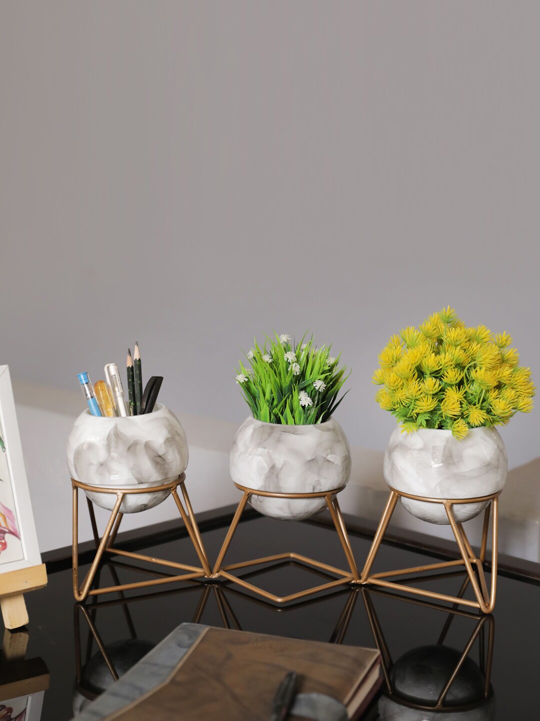 AWAAS DECOR Set of 3 White & Gold-Toned Textured Planters with Stand Price in India