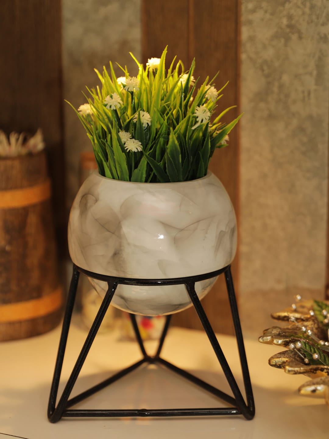 AWAAS DECOR Black & White Marble Finished Metal Planter With Stand Price in India