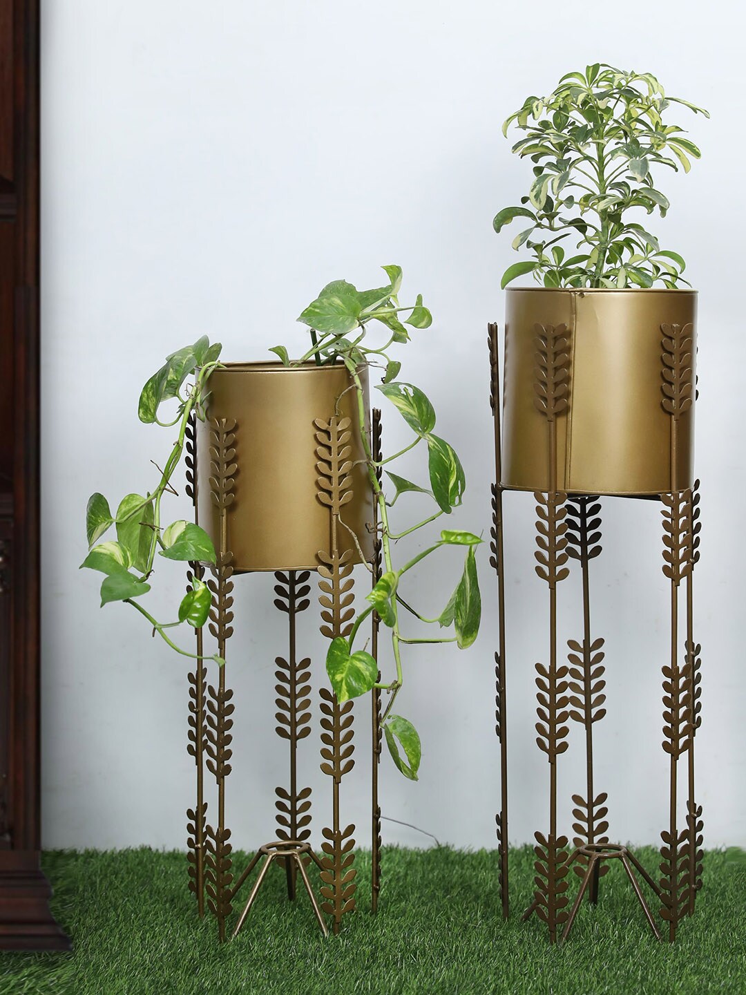 AWAAS DECOR Set Of 2 Gold-Toned Solid Fern Metal Planters With Stand Price in India