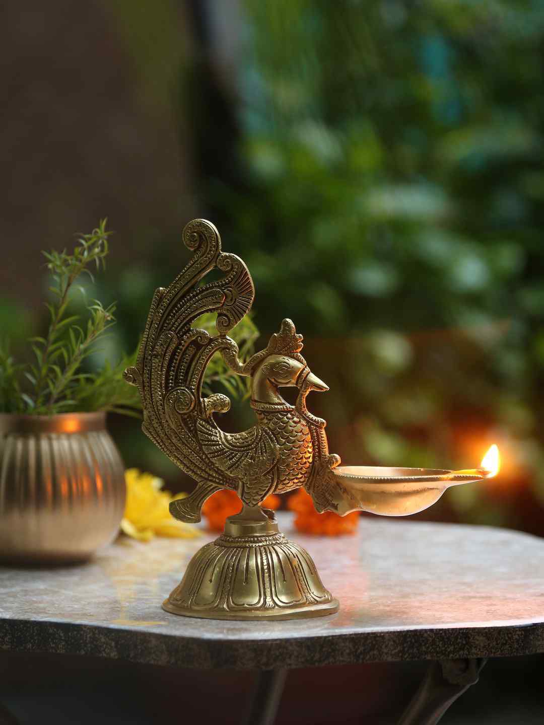 Amoliconcepts Gold-Toned Peacock Lamp With Round Base Price in India