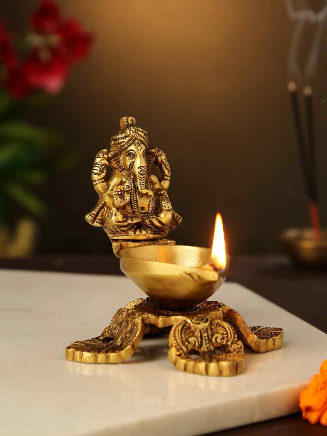 Amoliconcepts Gold-Toned Ganesha Diya Pooja Essentials Price in India