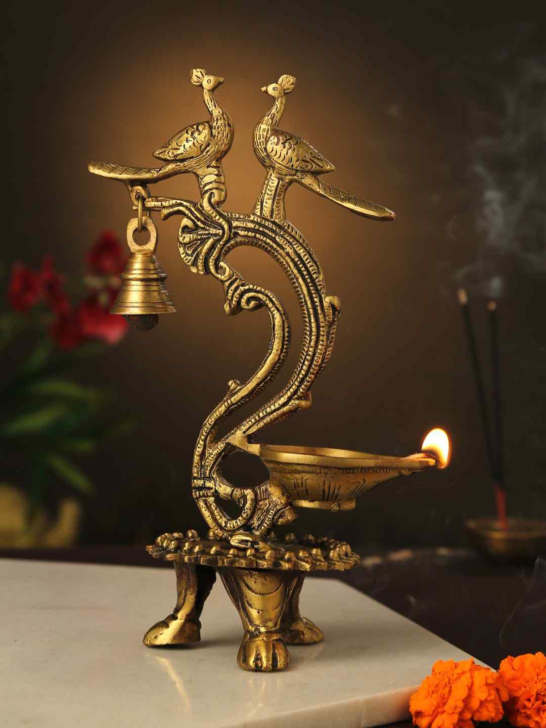 Amoliconcepts Gold-Toned Two Peacock Lamp with Bell Price in India