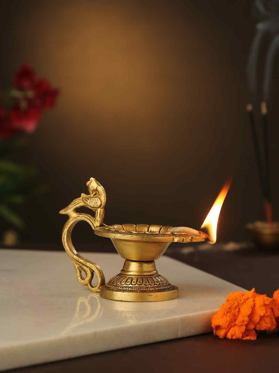 Amoliconcepts Gold-Toned Brass Diya With Bird Price in India