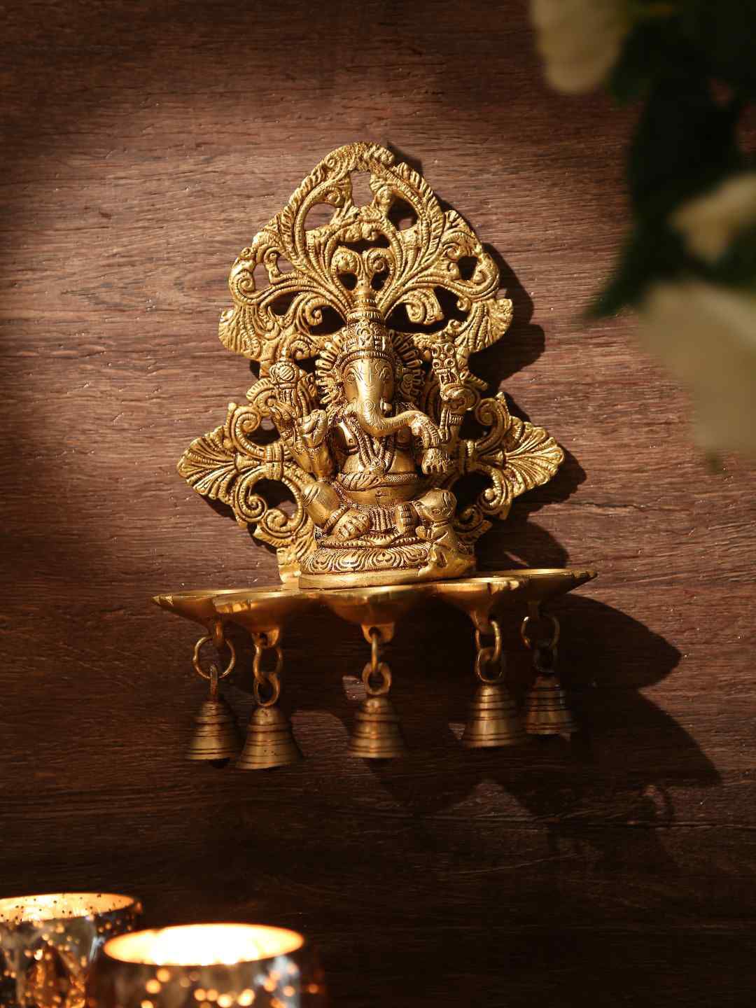 Amoliconcepts Gold-Toned Solid Brass Ganesha Lamp With Bells Price in India