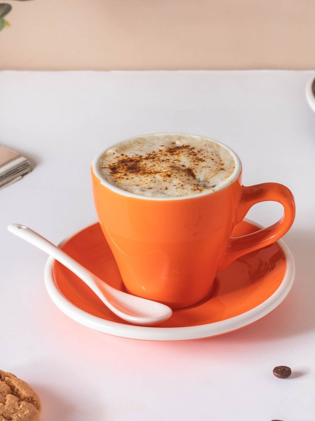 Nestasia Orange & White White Solid Ceramic Glossy Cups and Saucers Set With Spoon Price in India