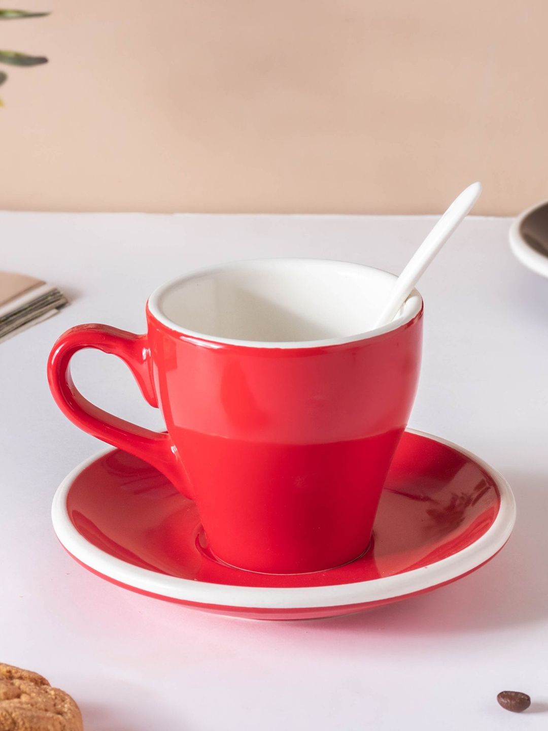 Nestasia Red & White Solid Ceramic Glossy Cup and Saucer 150 ml Price in India