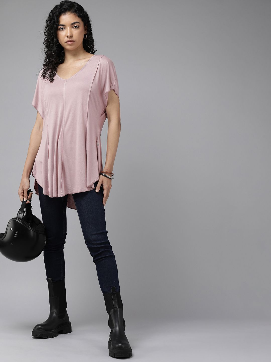 Roadster The Lifestyle Co. V-Neck Extended Sleeves A-LIne Longline Top Price in India