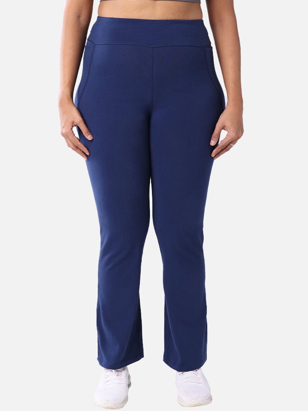 BlissClub Women Plus Size Navy Blue Solid Bootcut Fit Cotton Track Pants Price in India