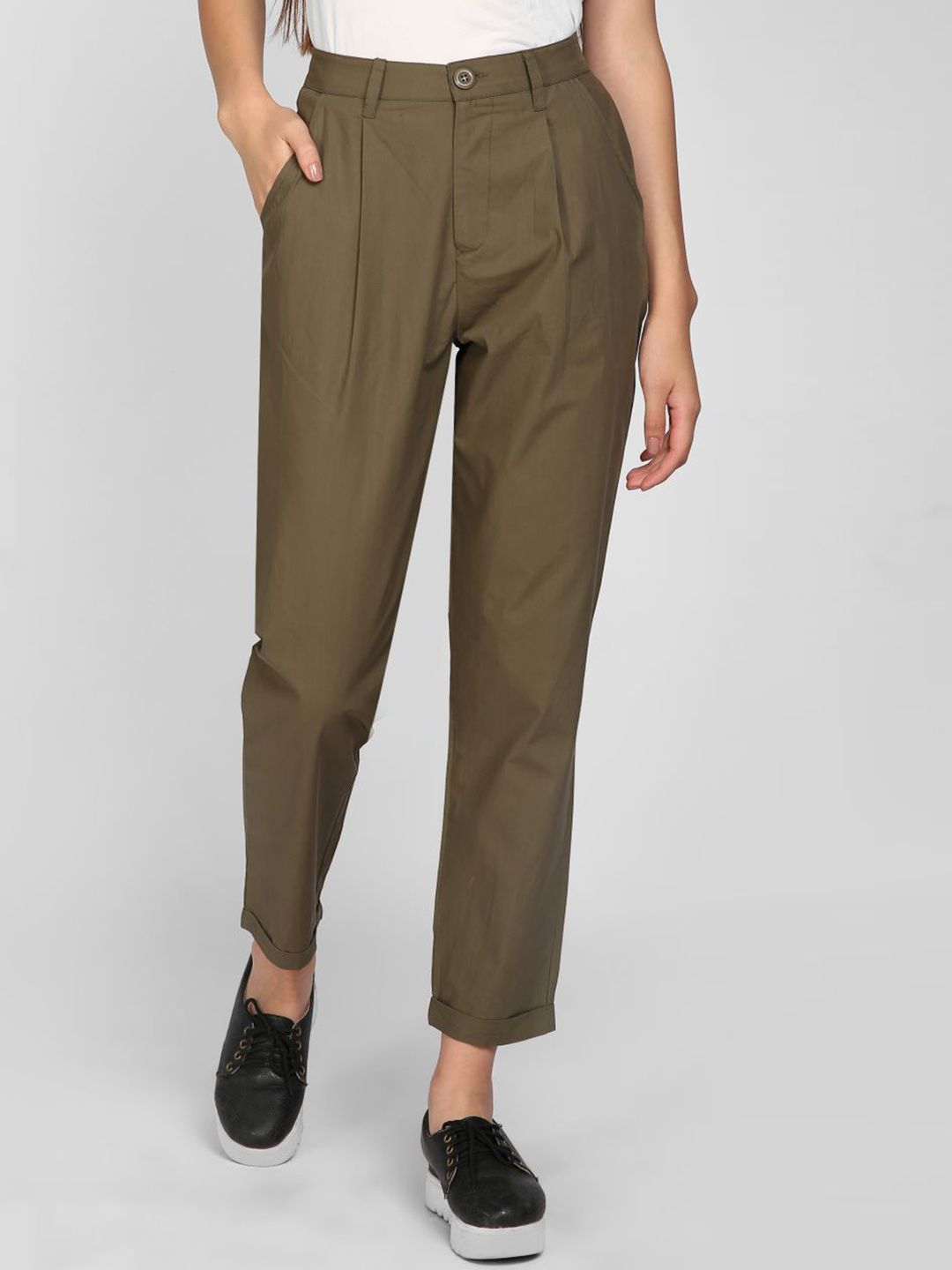 I Love She Women Olive Green High-Rise Pleated Cotton Trousers Price in India