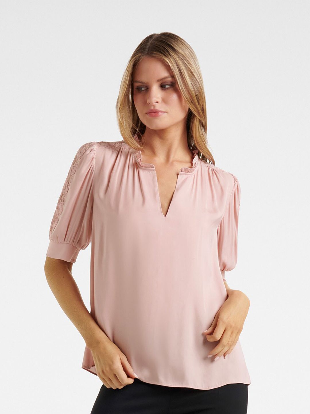 Forever New Pink Mandarin Collar Solid Top Price in India