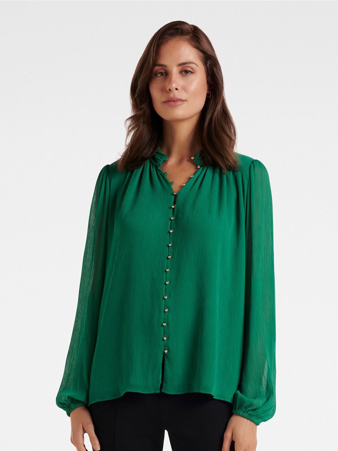 Forever New Green Mandarin Collar Shirt Style Top Price in India