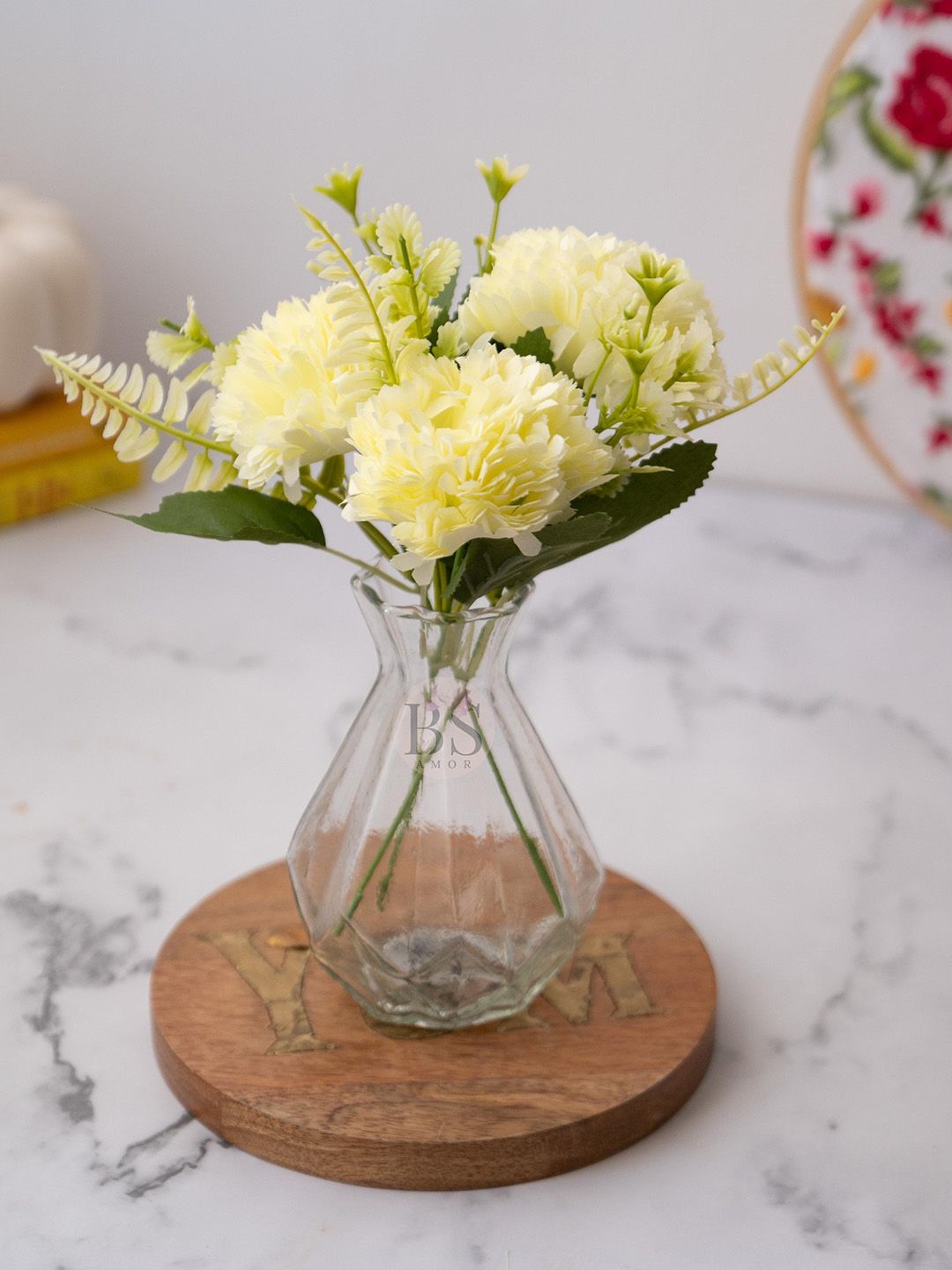 BS AMOR Off-White Dahlia Artificial Flowers With Glass Vase Price in India